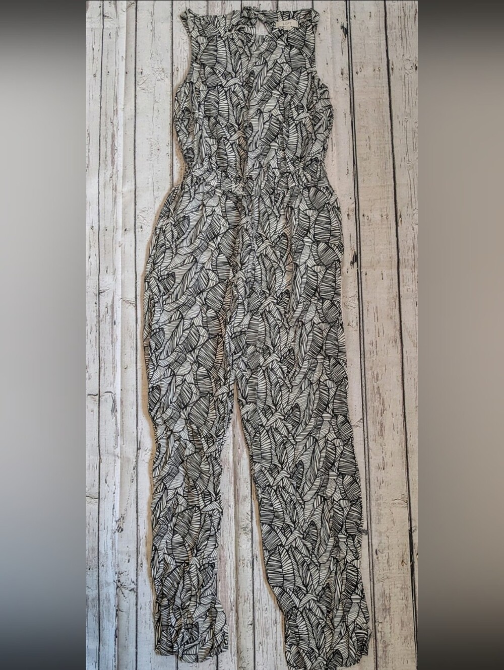 LOFT Black and White Leaf-Print Jumpsuit